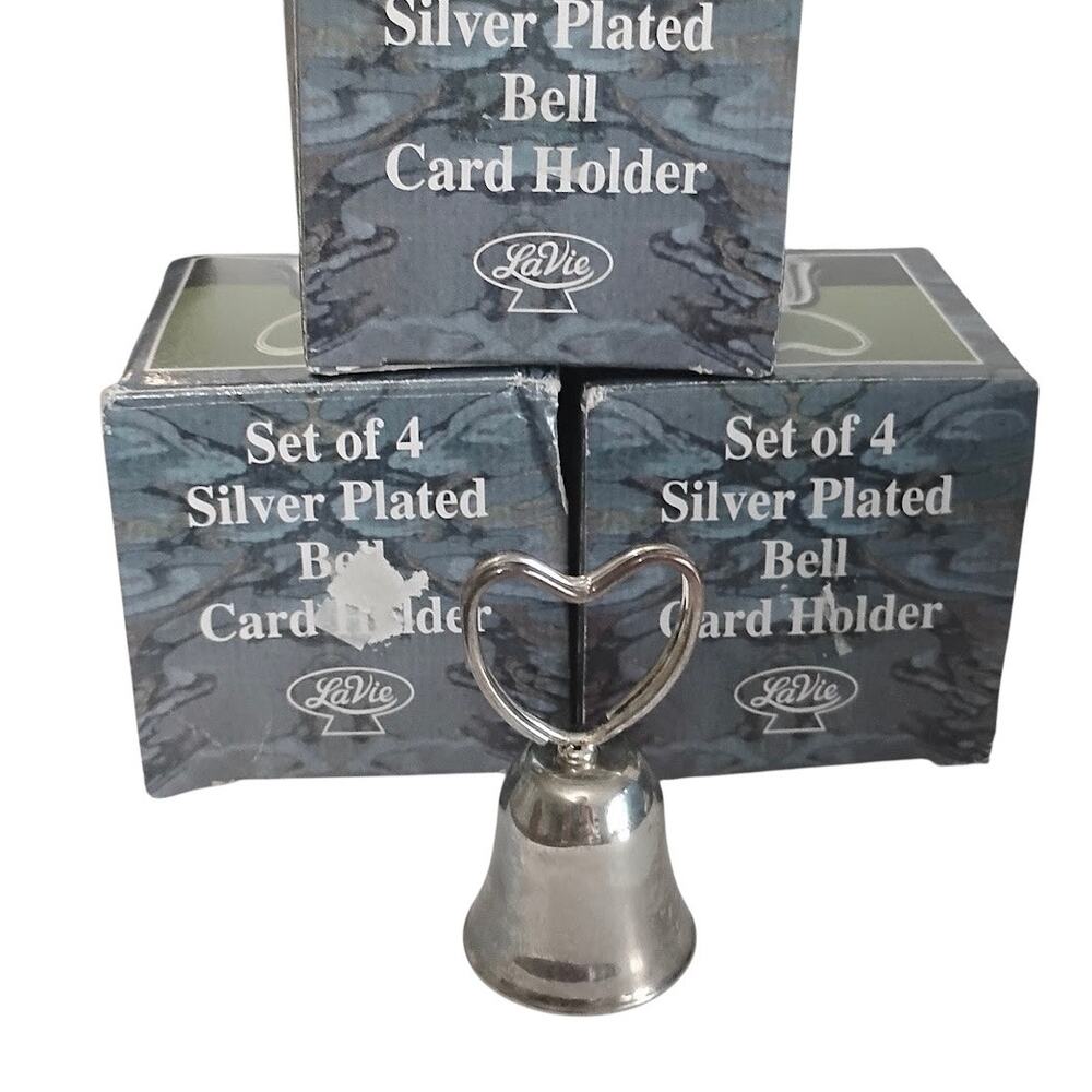 Set of 12 LaVie Silver Plated Bells Hearts Placecard Holders Holidays Christmas